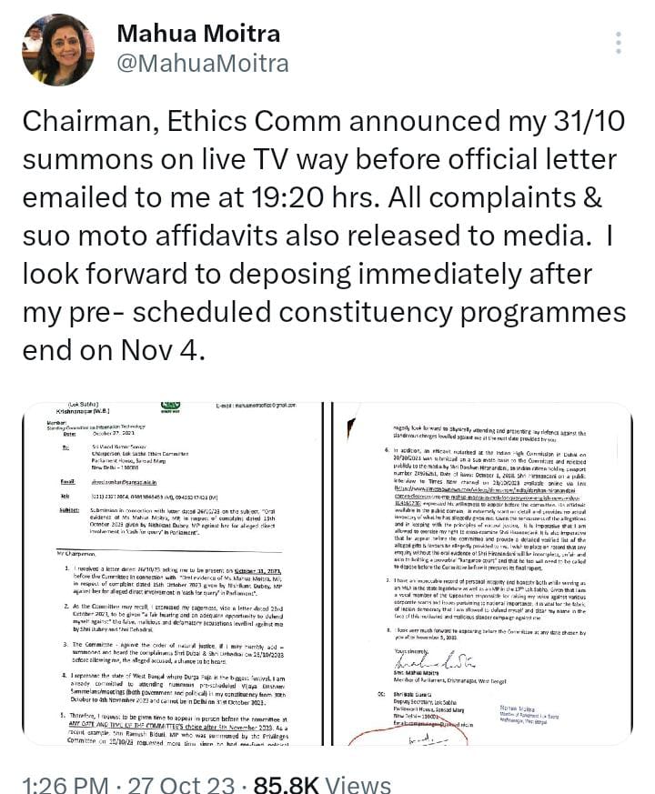 Mahua Moitra to skip Ethics Committee summon; “summons live on TV way before official letter emailed to me,” says the MP